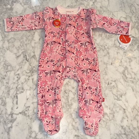 Magnetic Me Other - NWT Magnetic Me Pink and Purple Floral Ruffle Velour Footie 6/9M